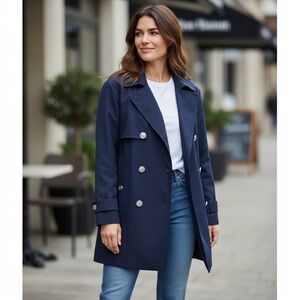 Vintage Lizsport Navy Blue Double Breasted Coat Silver Crest Buttons Small S